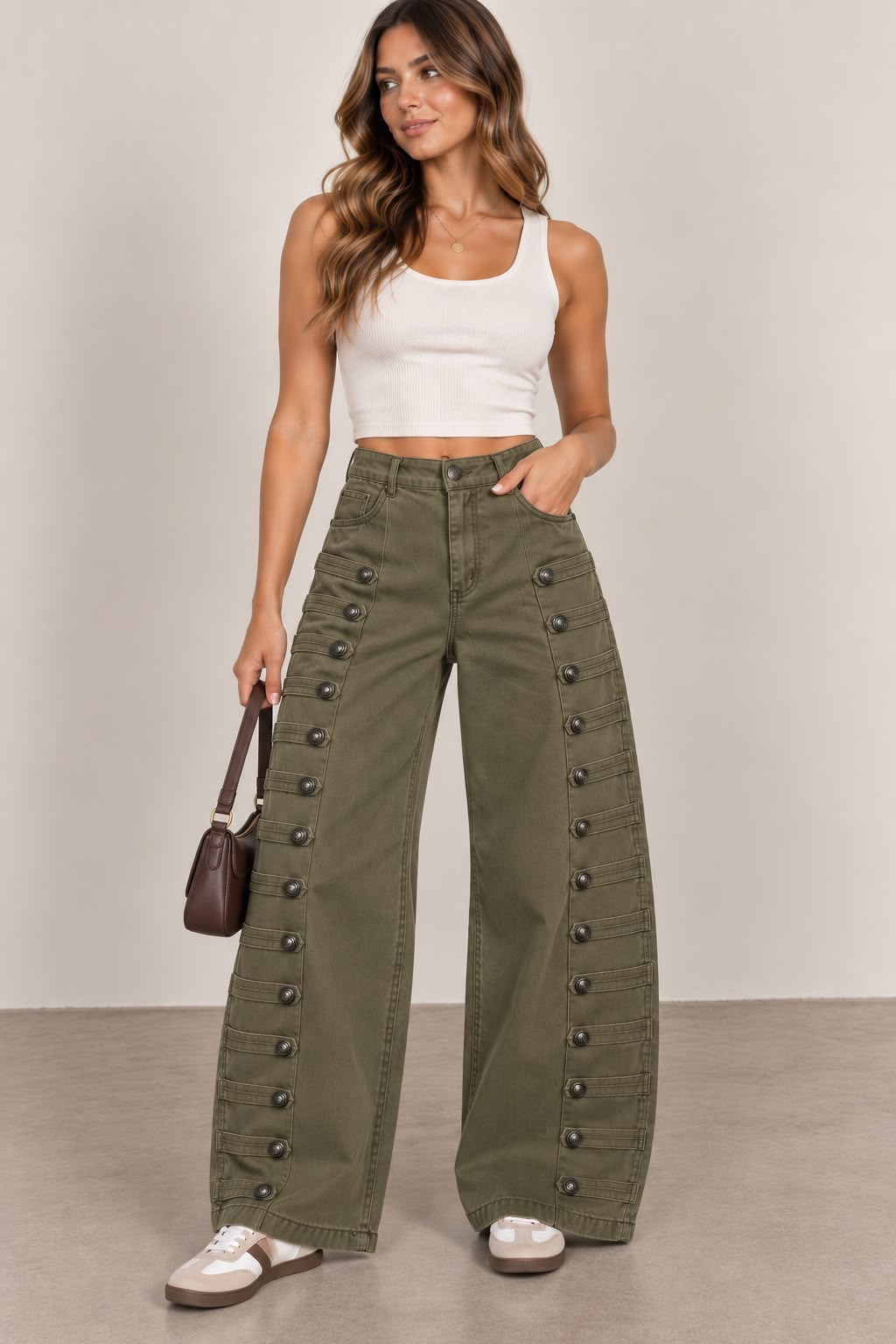 Jeans barrel militar botón plata