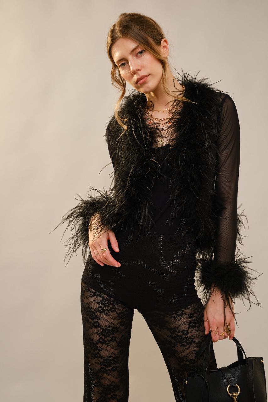 Blusa mesh filo plumas