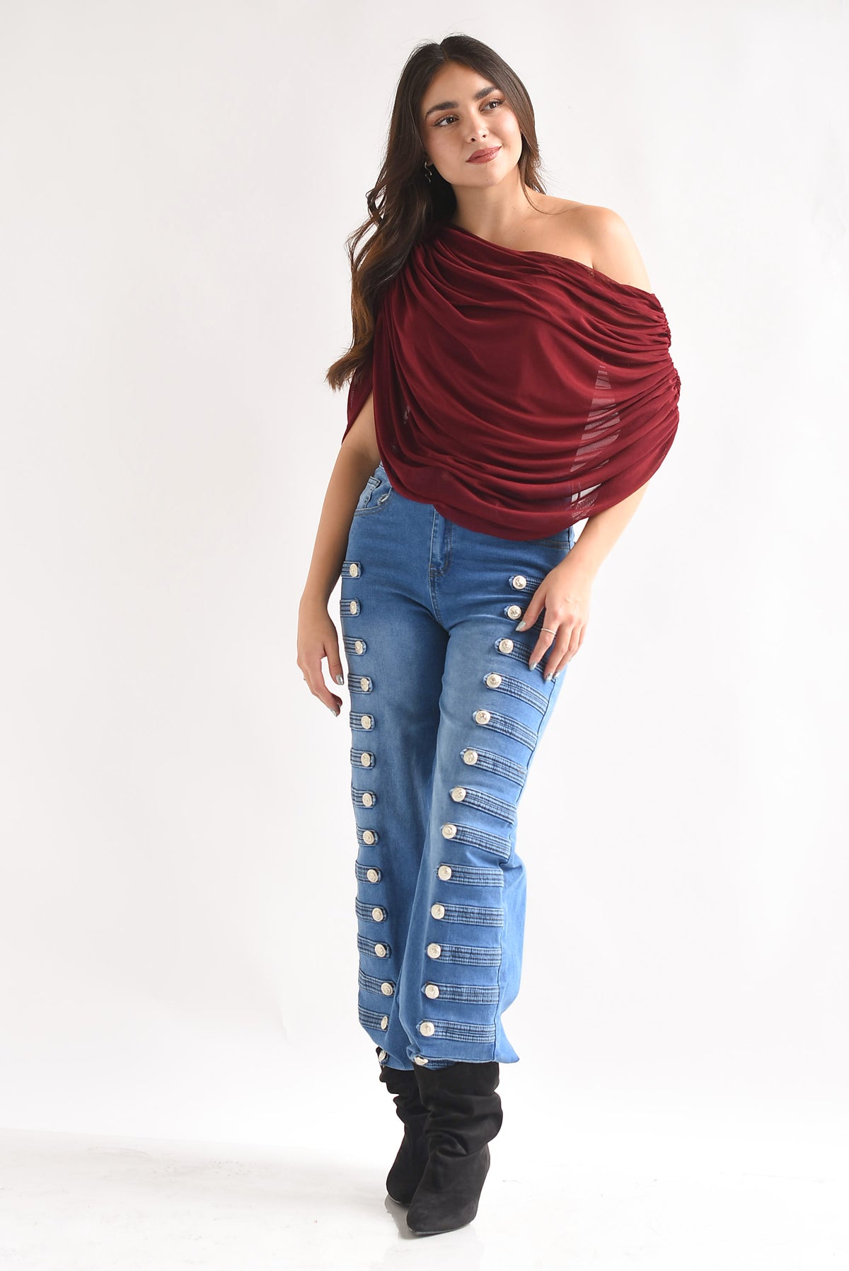 Body off-shoulder capa mesh drapeada
