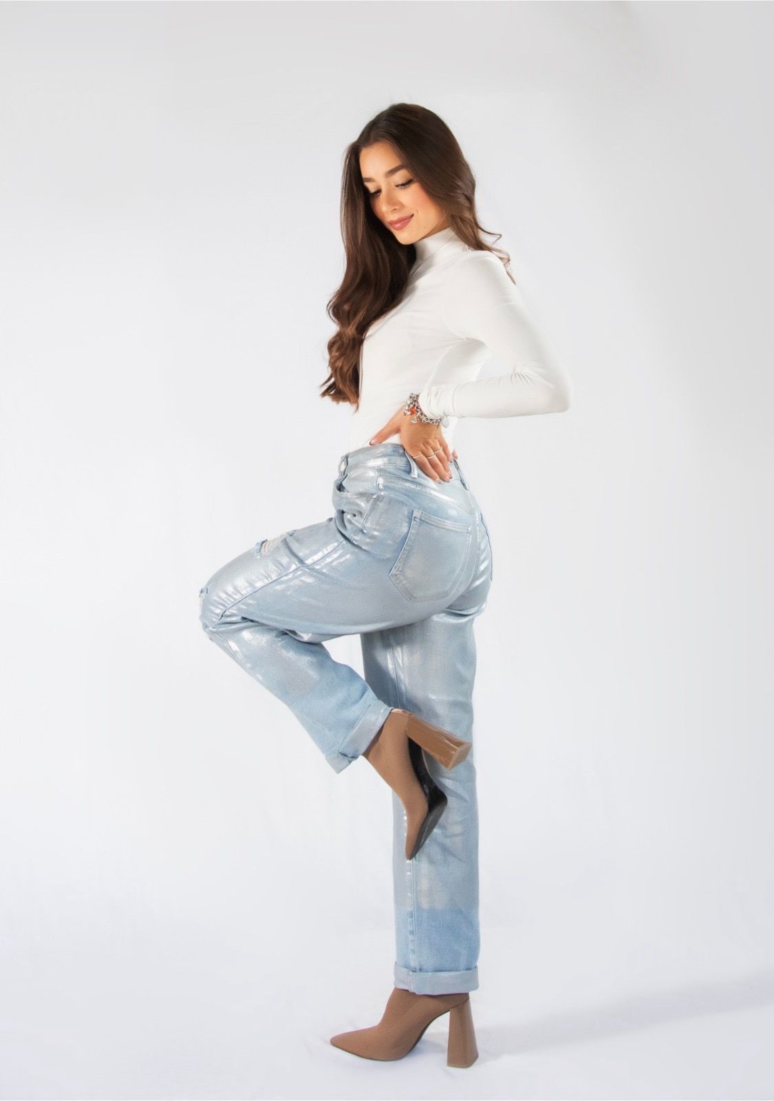 Jeans foil rasgados Plata