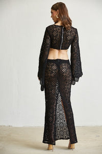 Fashion Styled Vestido largo cut-out crochet Negro