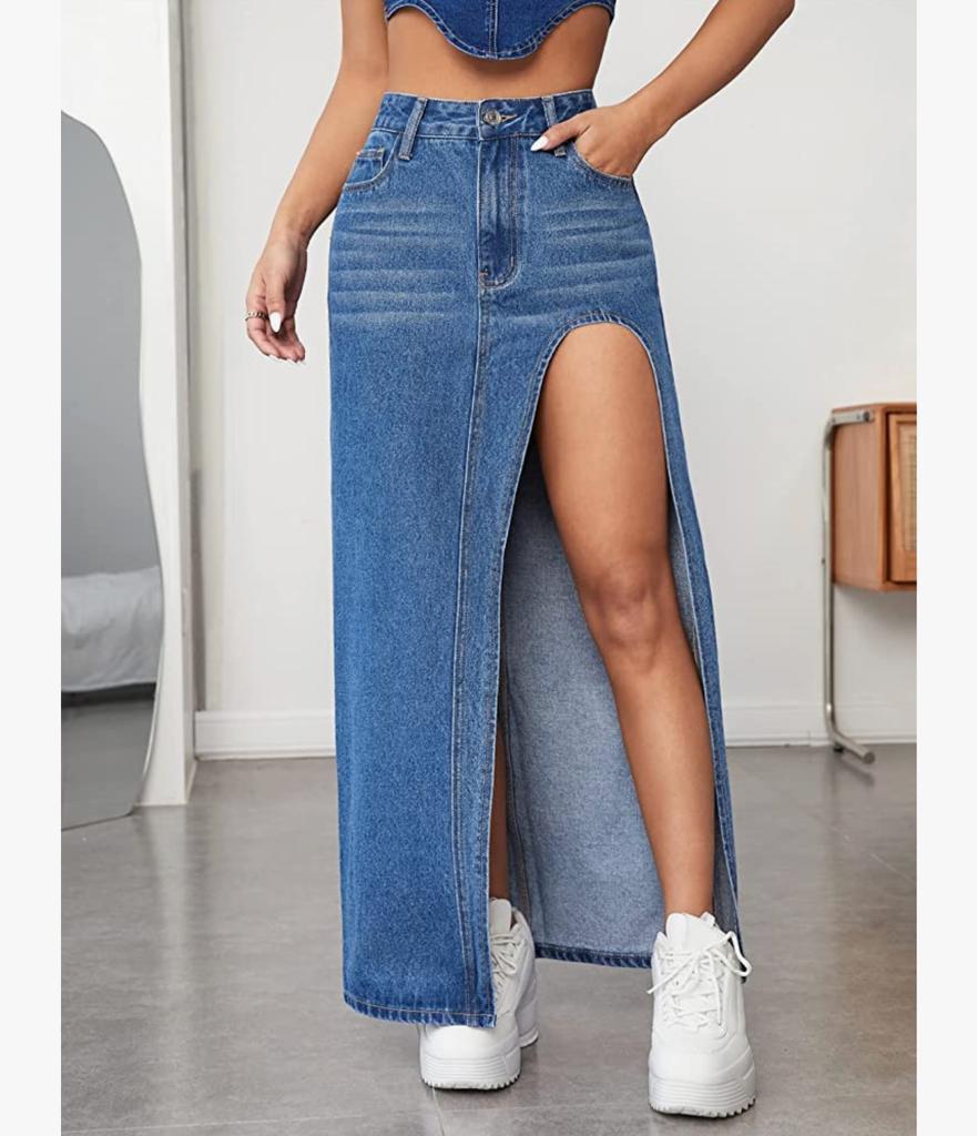 Falda larga denim abertura lateral