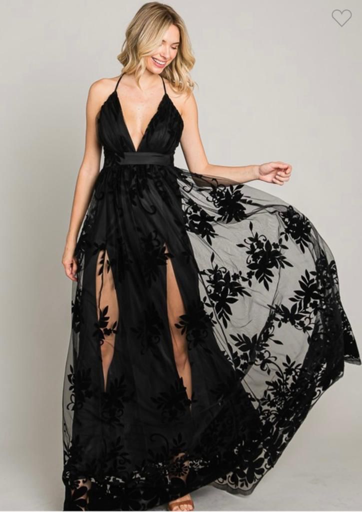 Vestido largo tulle y flores terciopelo Negro – Fashion Styled