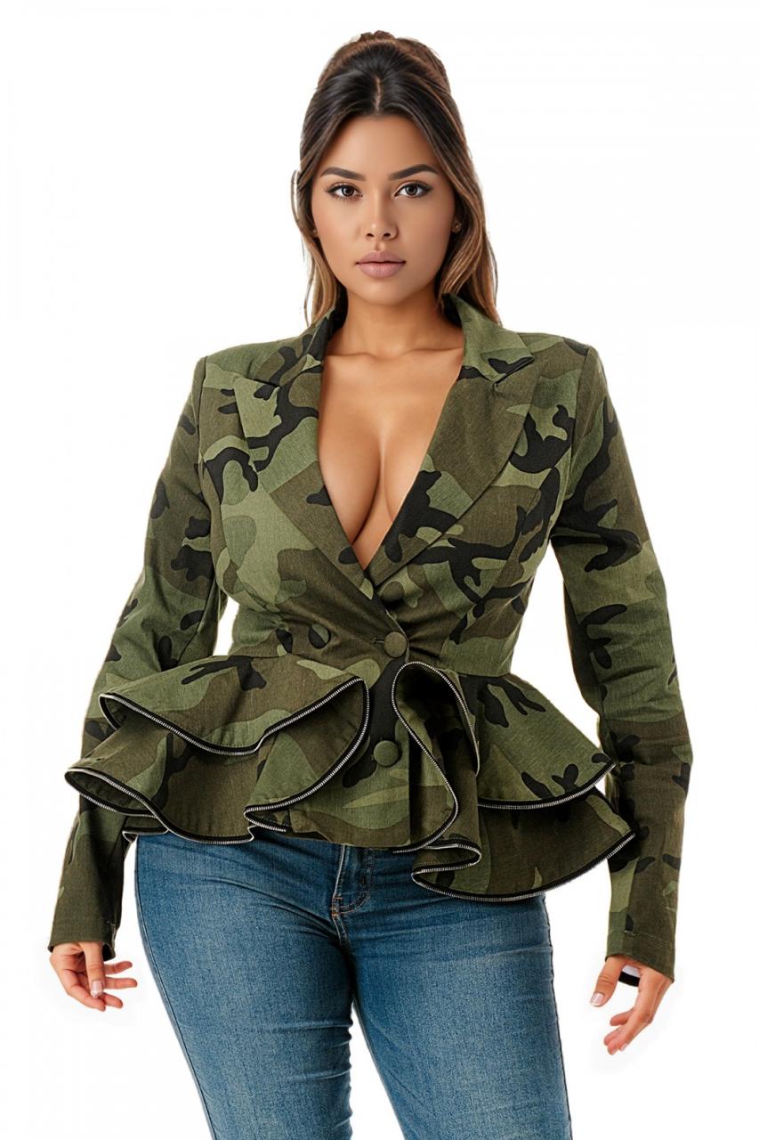 Blazer peplum cierres manga larga camuflaje