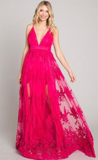 Fashion Styled Vestido largo tulle con flores terciopelo Rosa