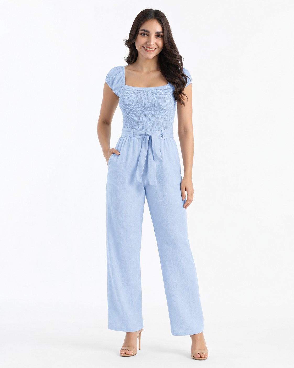 Jumpsuit con elástico y escote en espalda Azul