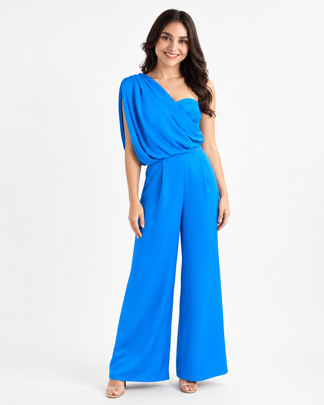 Jumpsuit satín un hombro Azul