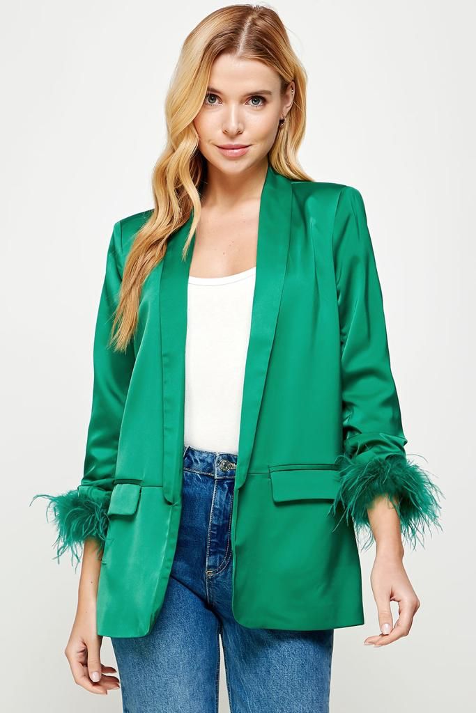 Blazer satín con plumas Verde Esmeralda
