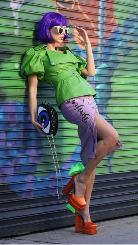 Chamarra manga corta puffy en vinipiel Verde