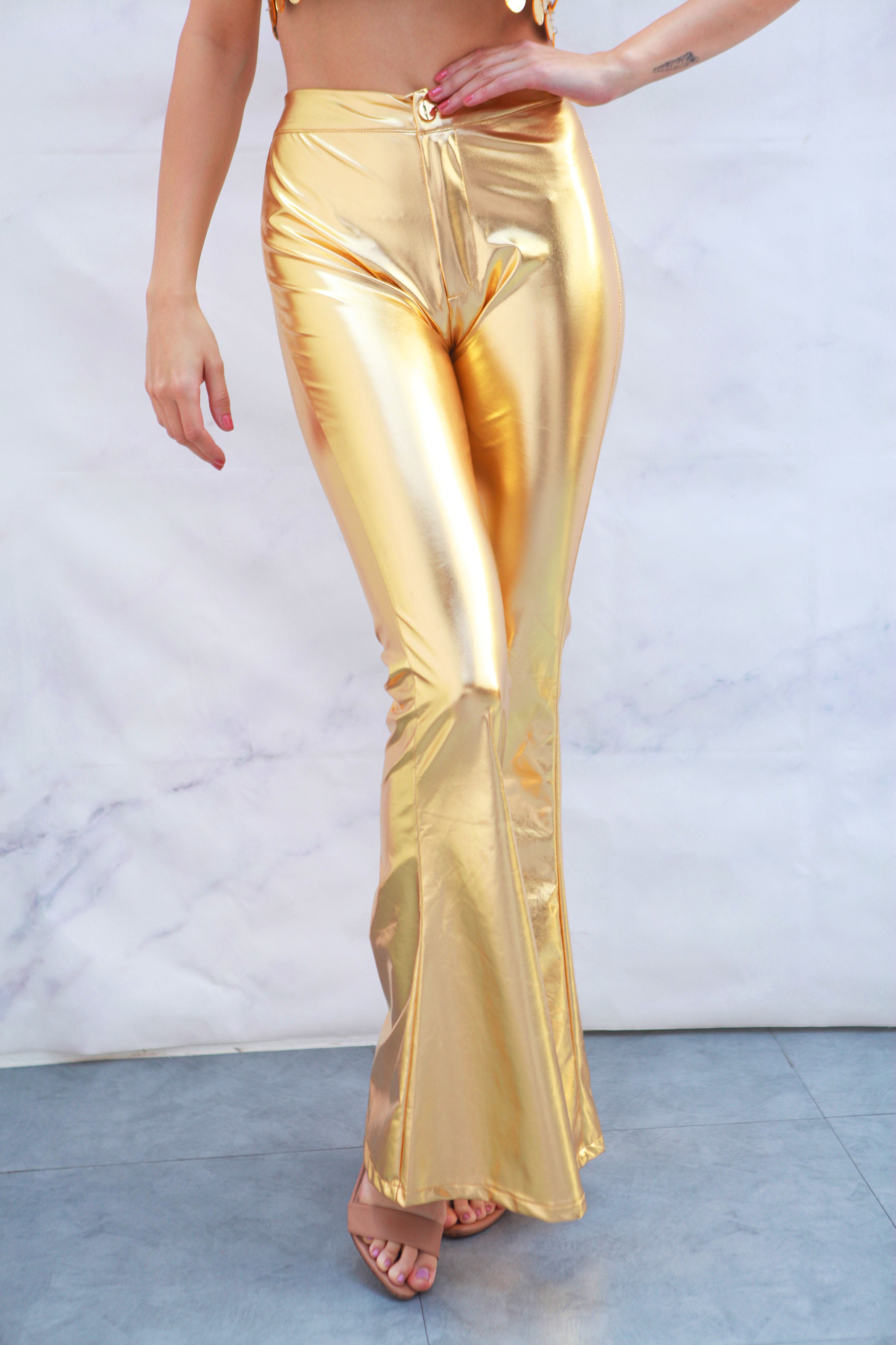 Pantalón campana metálico Dorado