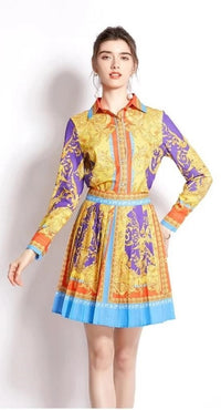 Fashion Styled Set Falda corta tableada y Camisa garigoleado Multicolor