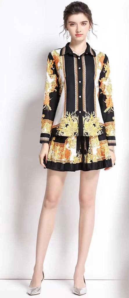 Set Falda corta tableada y Camisa garigoleado Negro y Oro