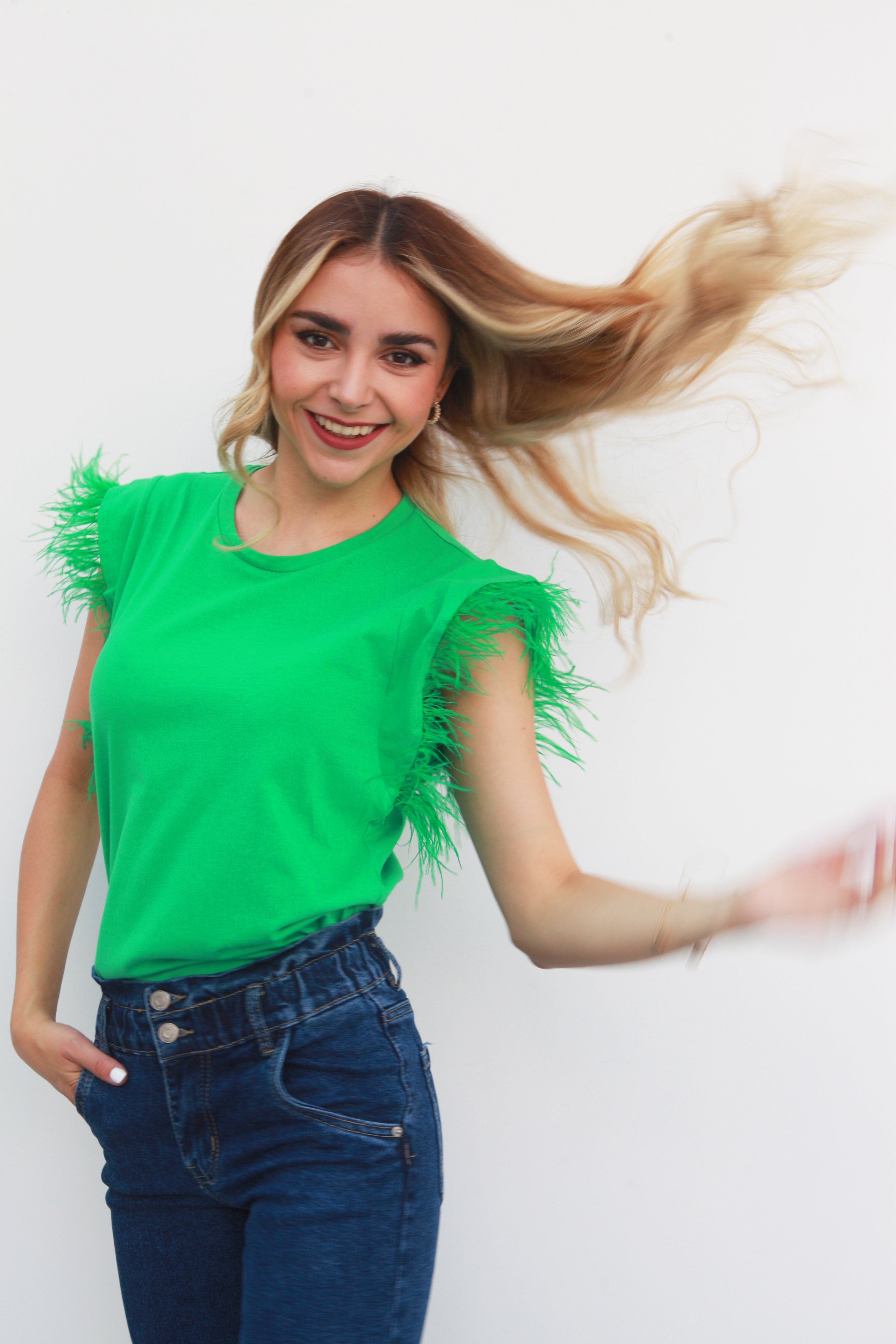 T-shirt manga Plumas Verde