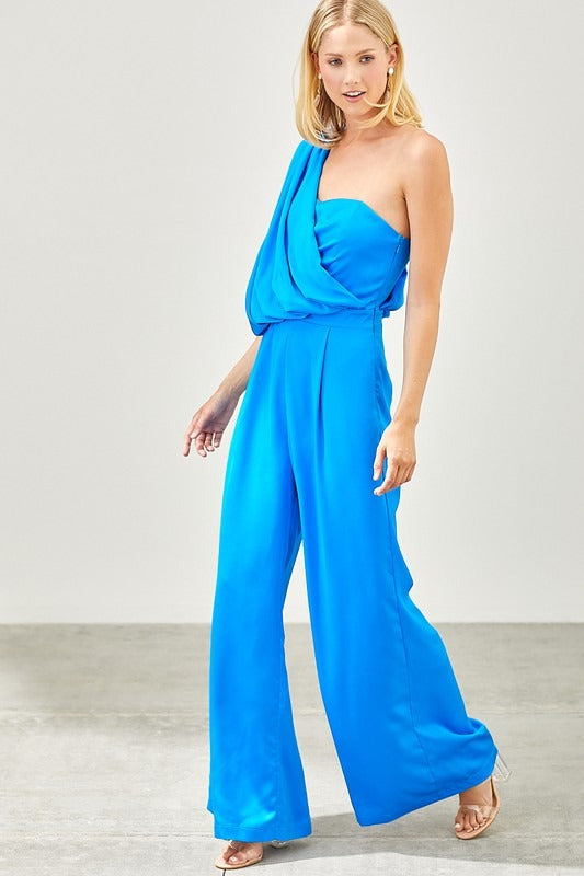 Jumpsuit satín un hombro Azul