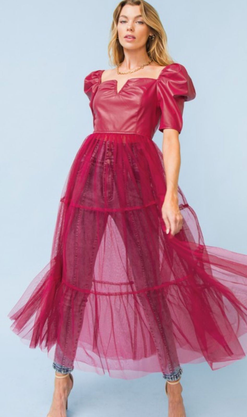 Maxiblusa vinipiel y tulle Fiusha