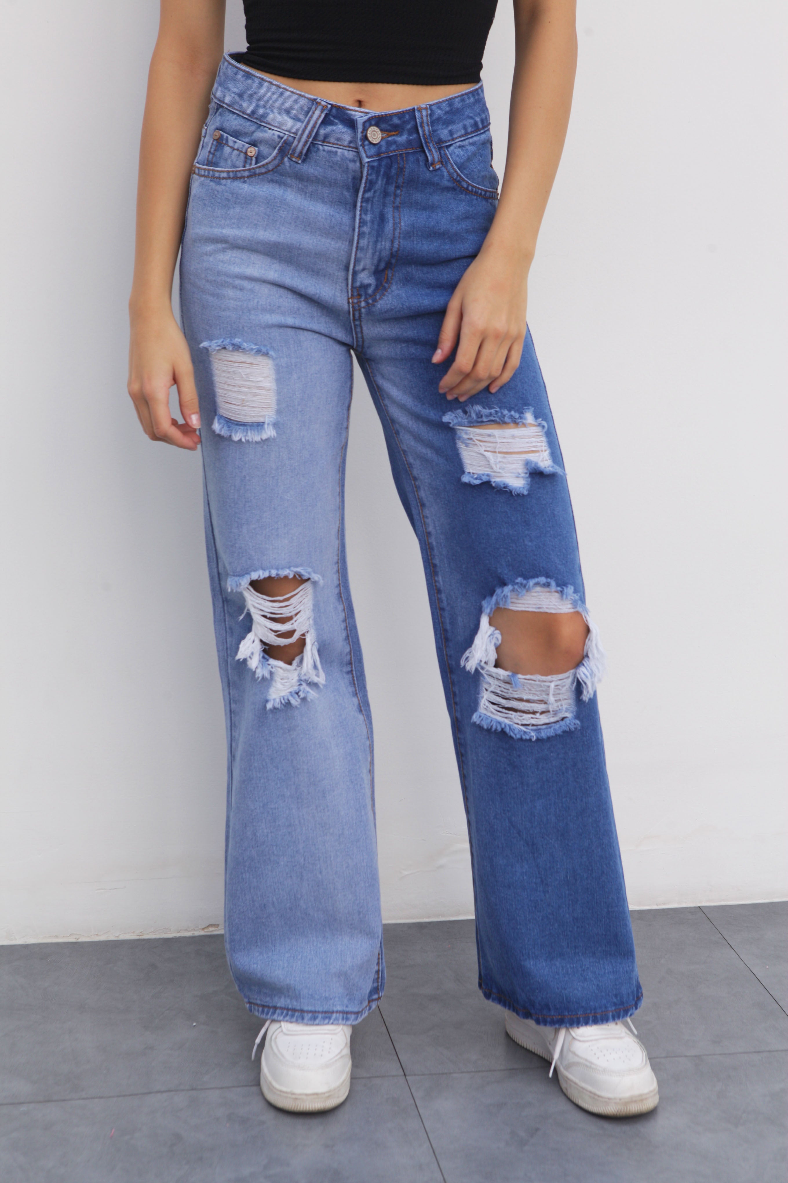 Jeans wide leg rasgados bitono Medium-Light