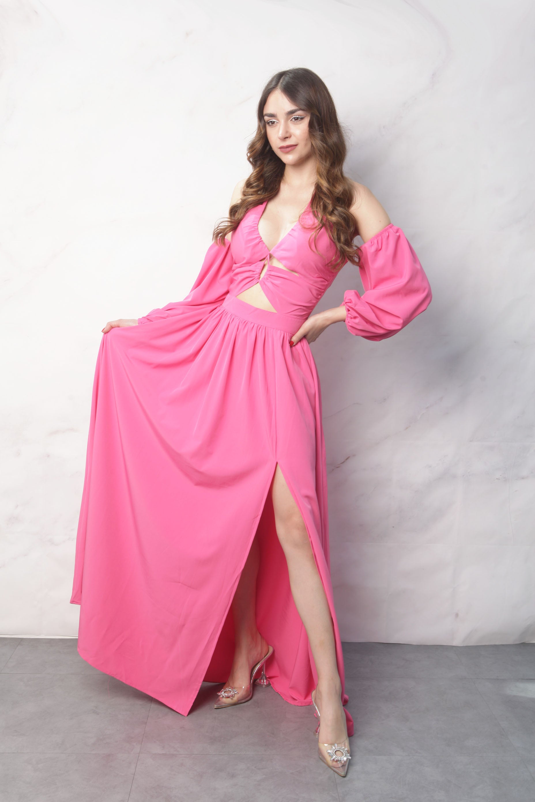 Vestido largo cut-out manga off shoulders Fiusha