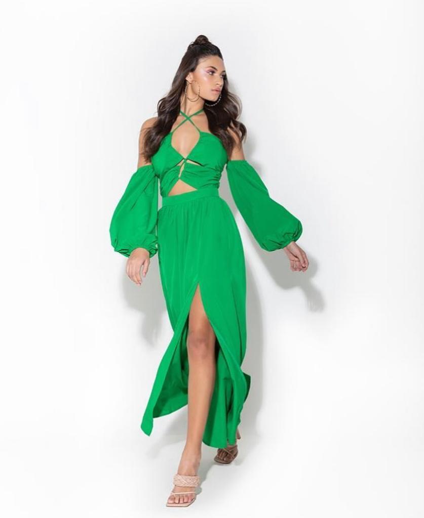 Vestido largo cut-out manga off shoulders Verde