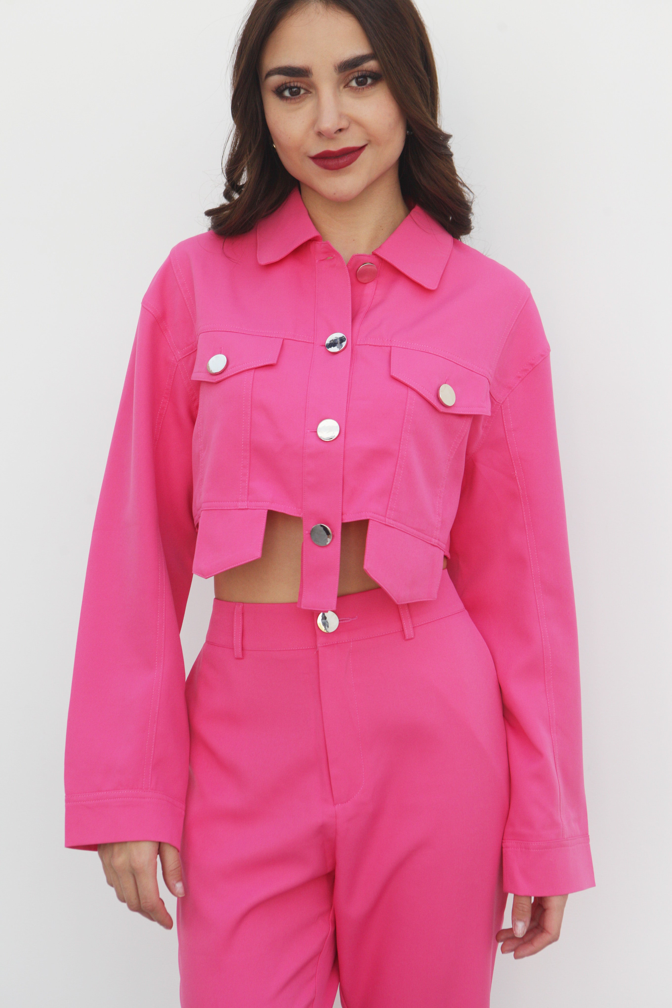 Set Pantalón y Chamarra crop Rosa Barbie