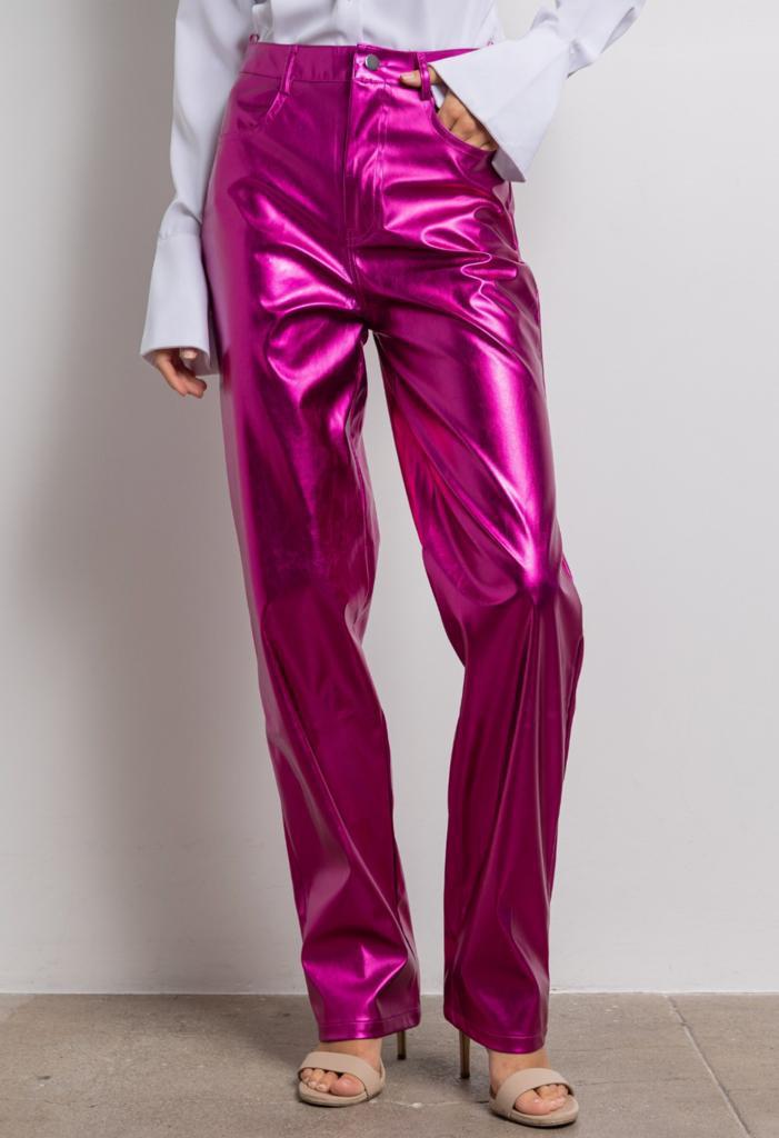 Pantalón recto metálico Magenta