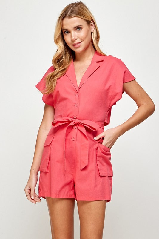 Romper cargo tipo lino cut-out espalda Coral
