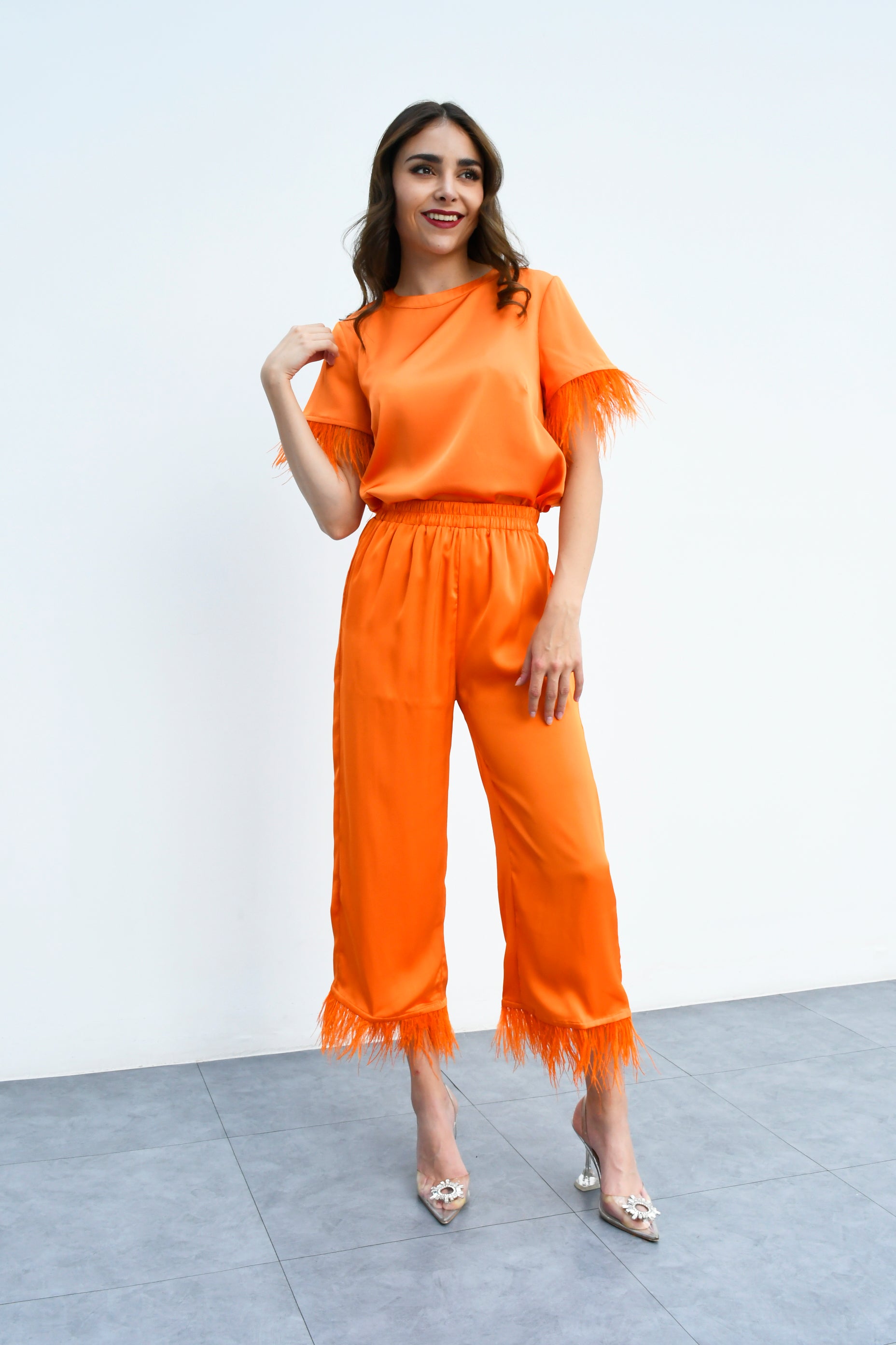 Pantalón satín plumas Naranja