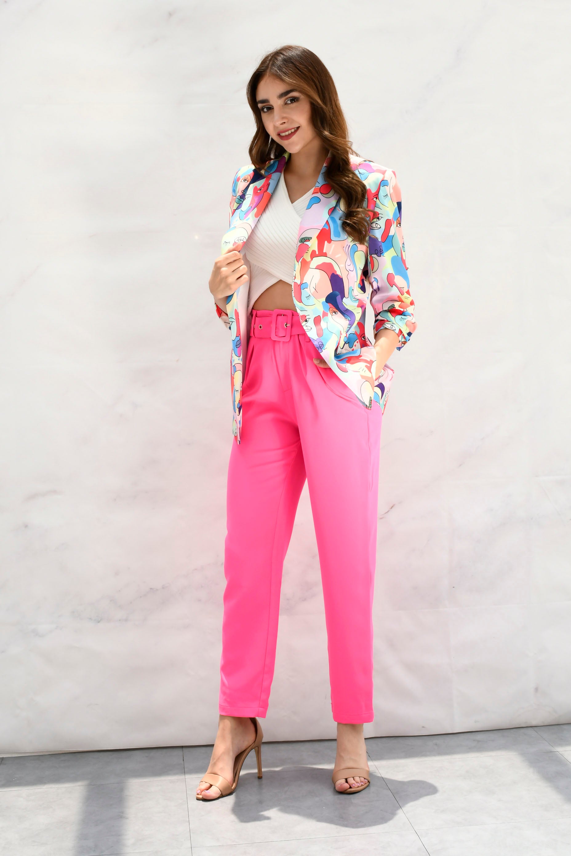 Pantalón de vestir con cinturón Rosa Chicle