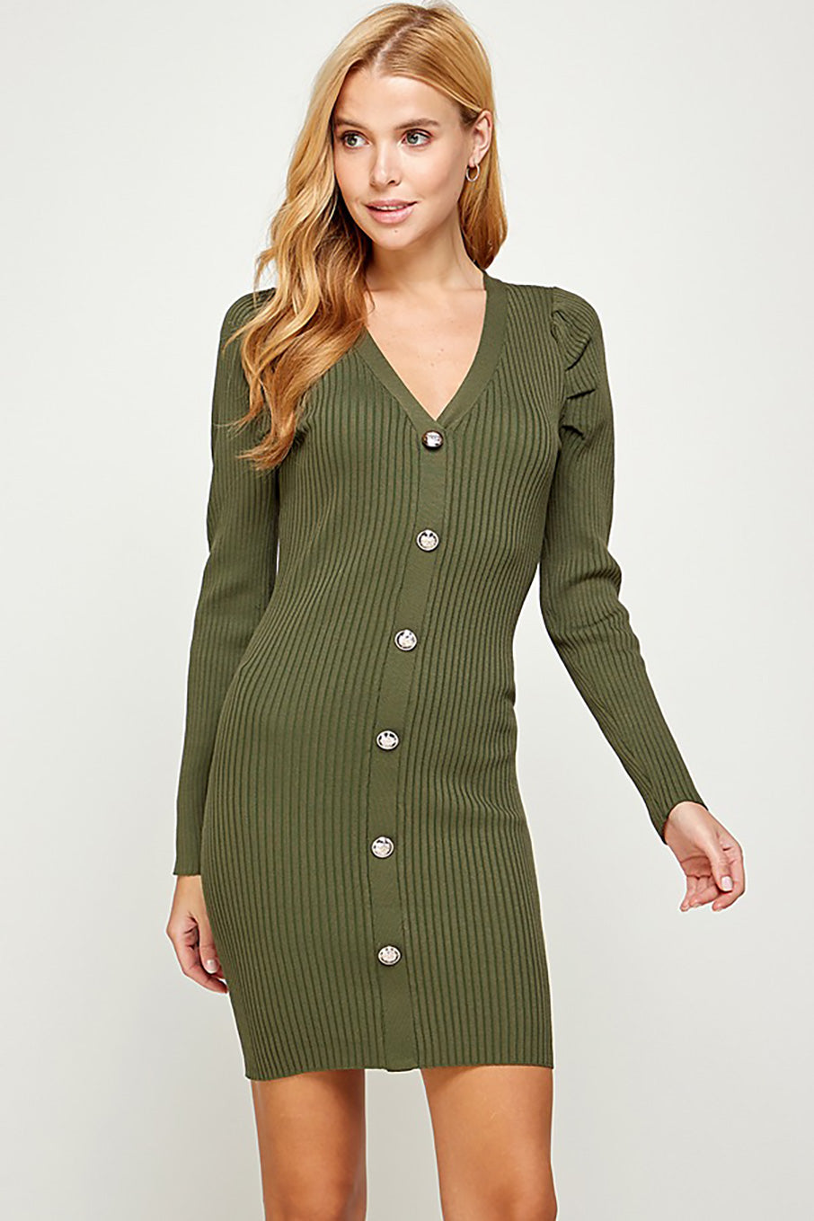 Vestido de punto con botones y manga puffy Verde militar