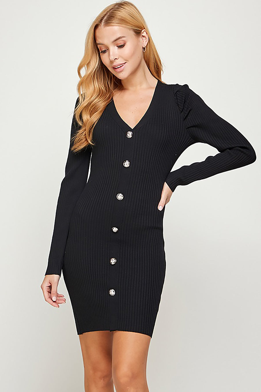 Vestido de punto con botones y manga puffy Negro