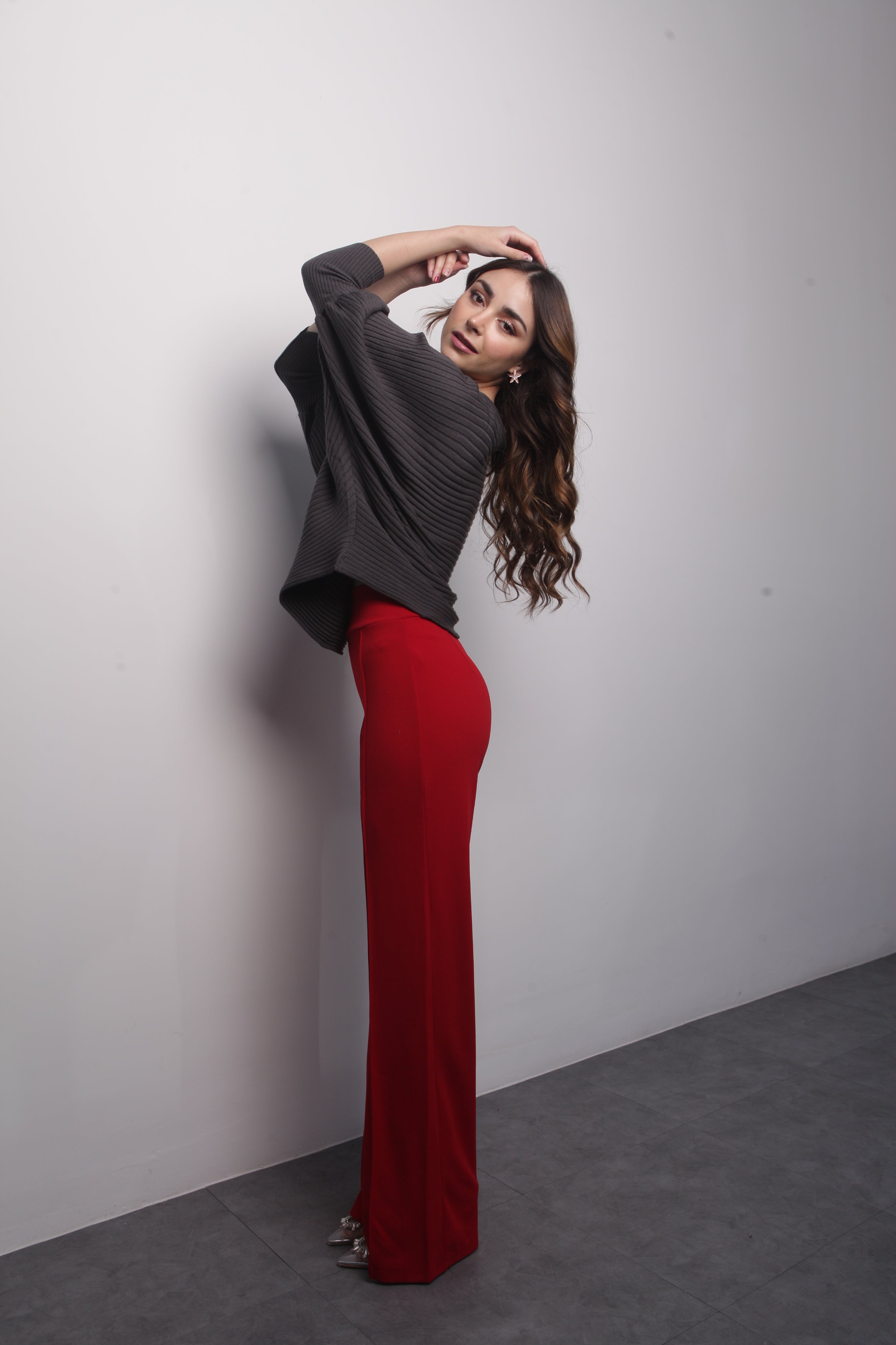 Pantalón pierna ancha y cintura alta Rojo