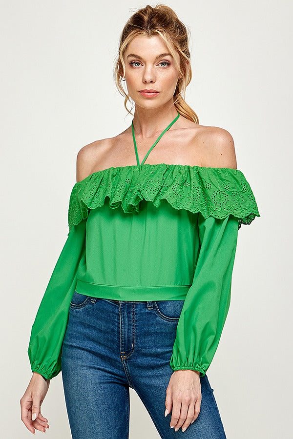 Blusa corta off-shoulders con encaje Verde