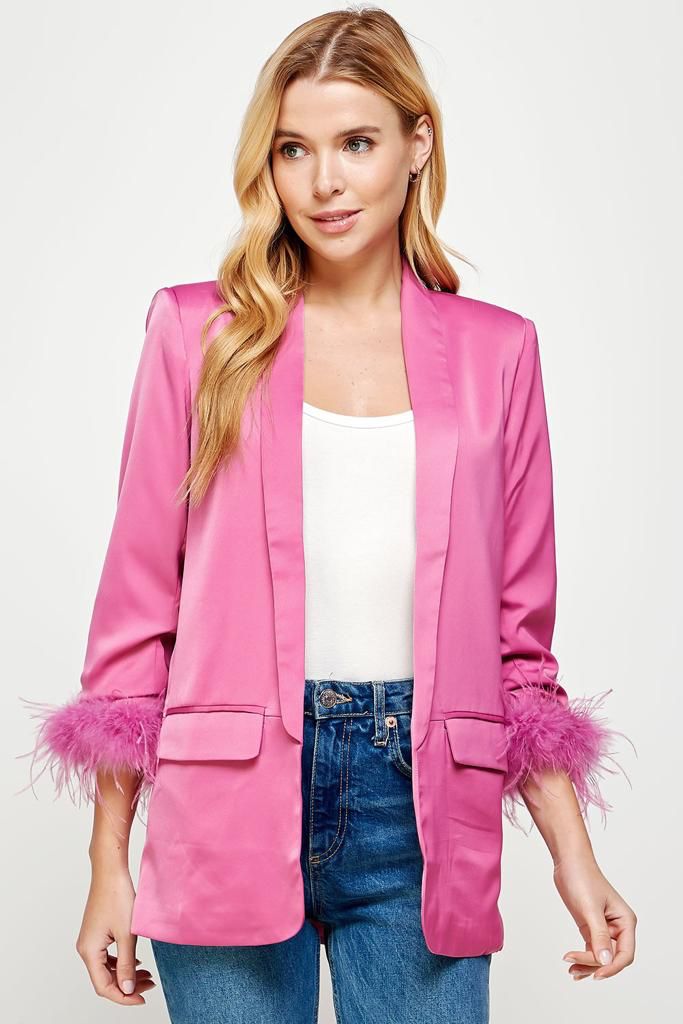 Blazer satín con plumas Rosa