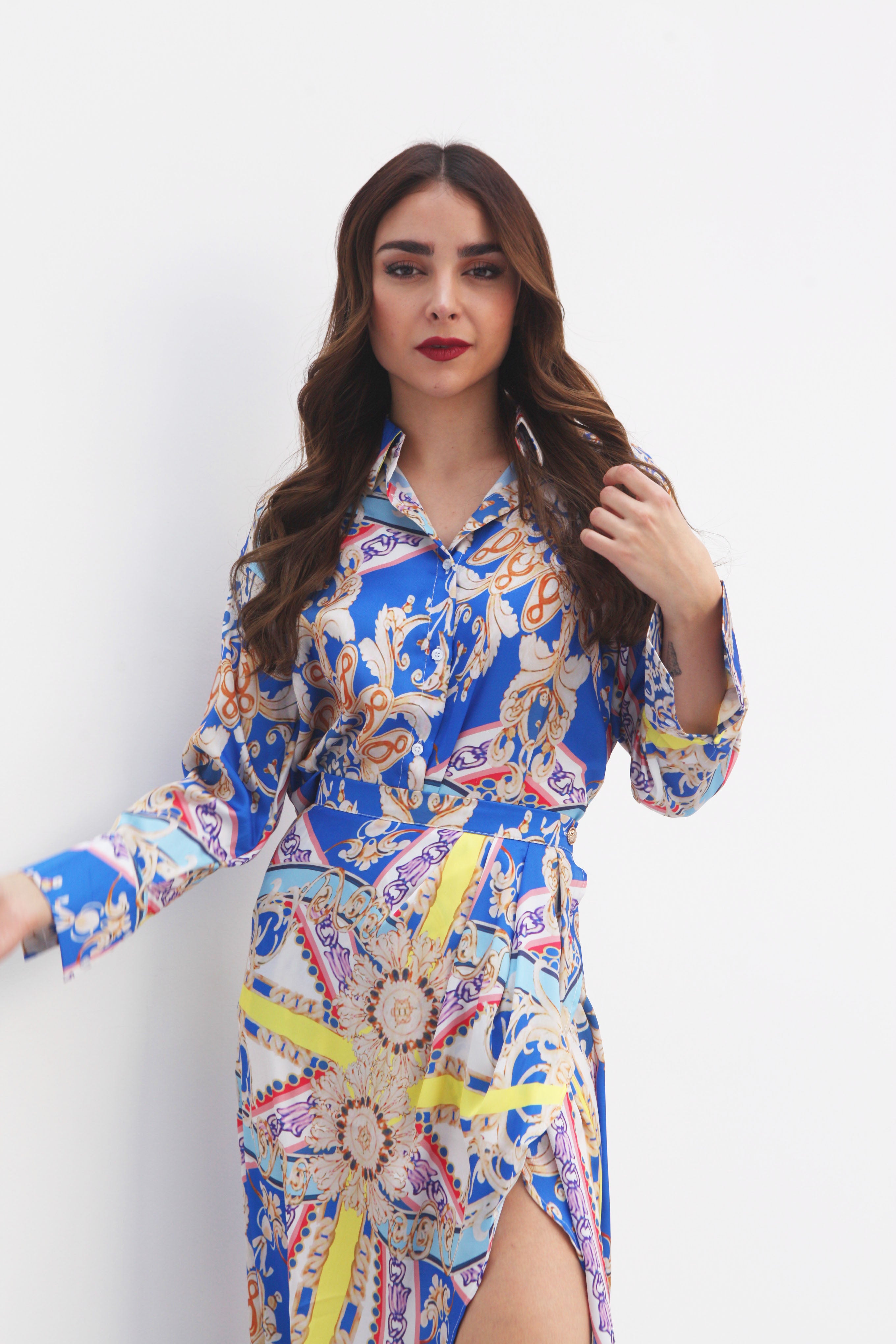 Set de Falda asimétrica y Camisa garigoleado Azul