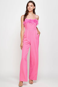 Fashion Styled Jumpsuit pierna ancha con Plumas Rosa Chicle