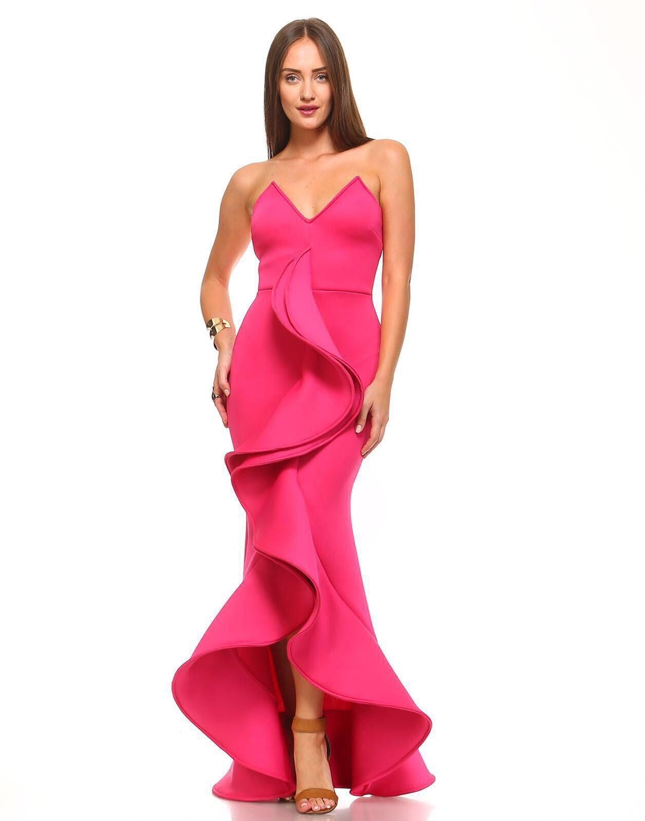 Vestido largo neopreno strapless olán Rosa Mexicano