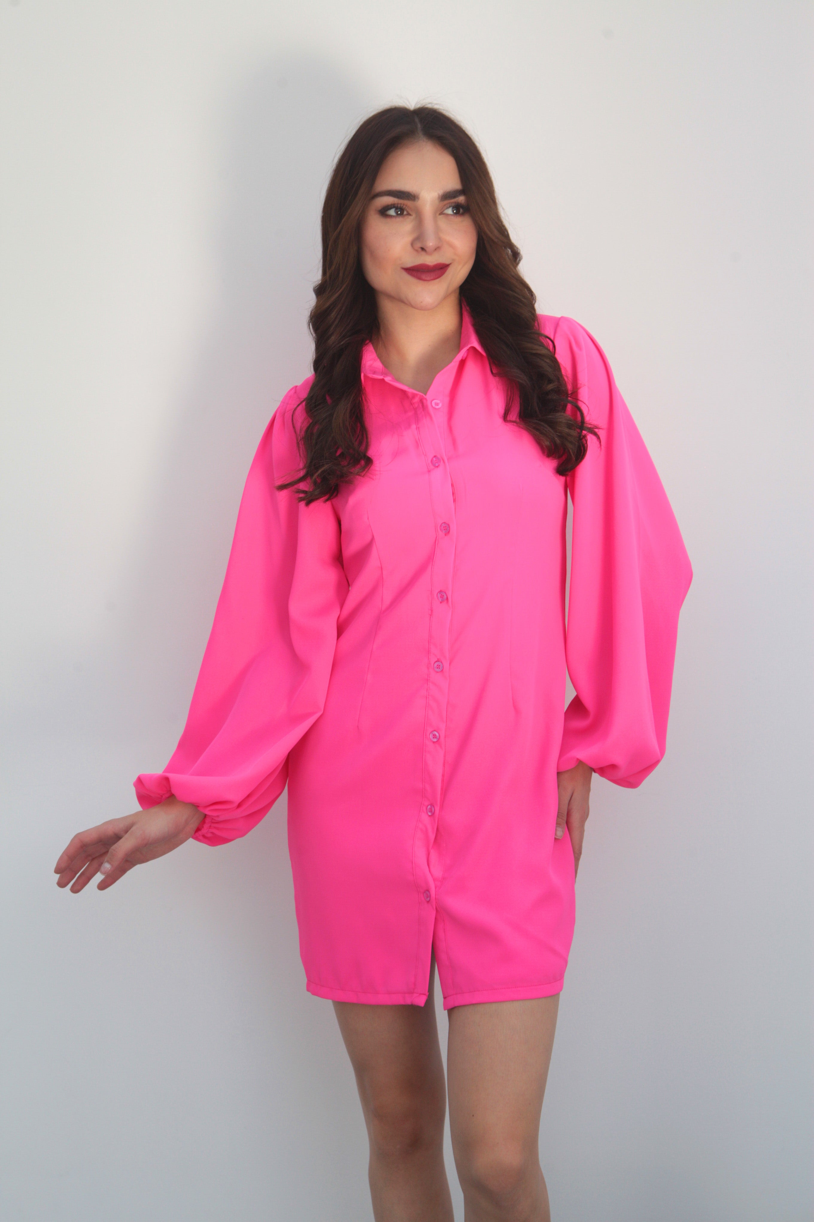 Vestido camisa manga obispo Rosa Neón
