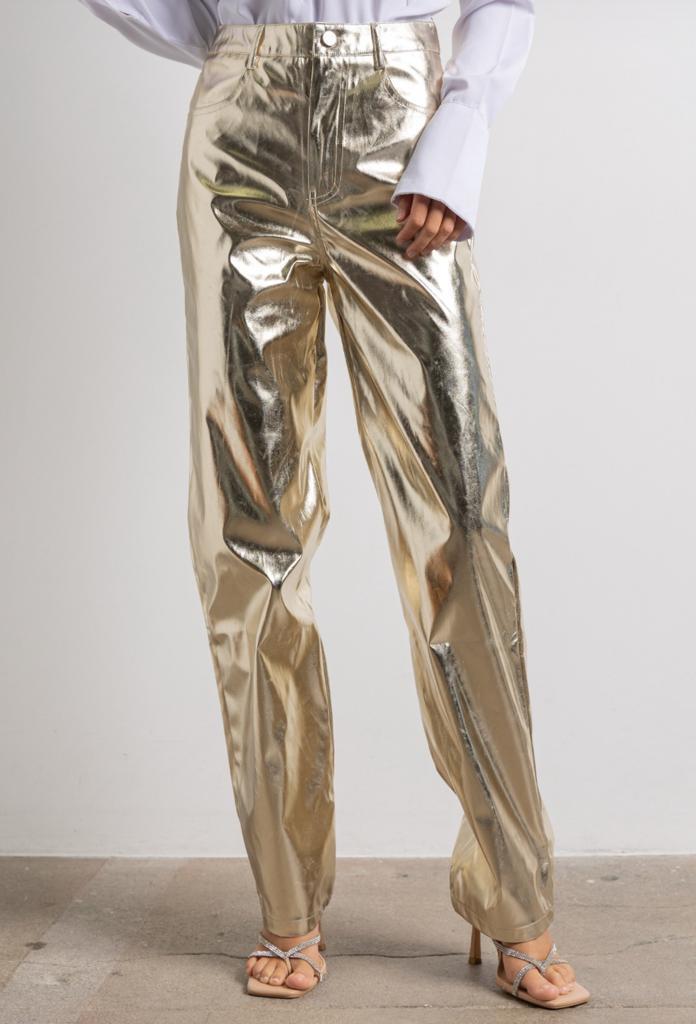 Pantalón recto metálico Dorado
