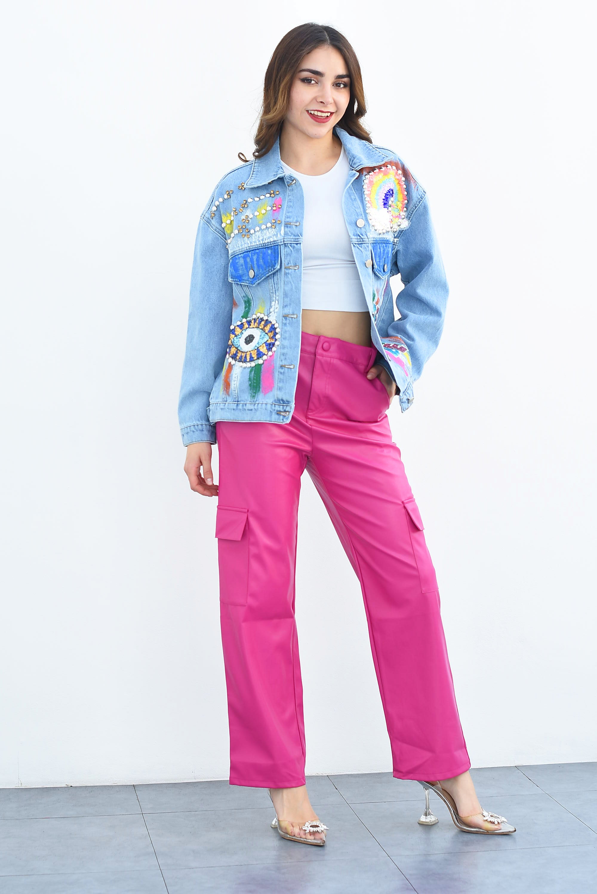 Pantalón pierna ancha cargo vinipiel Fiusha