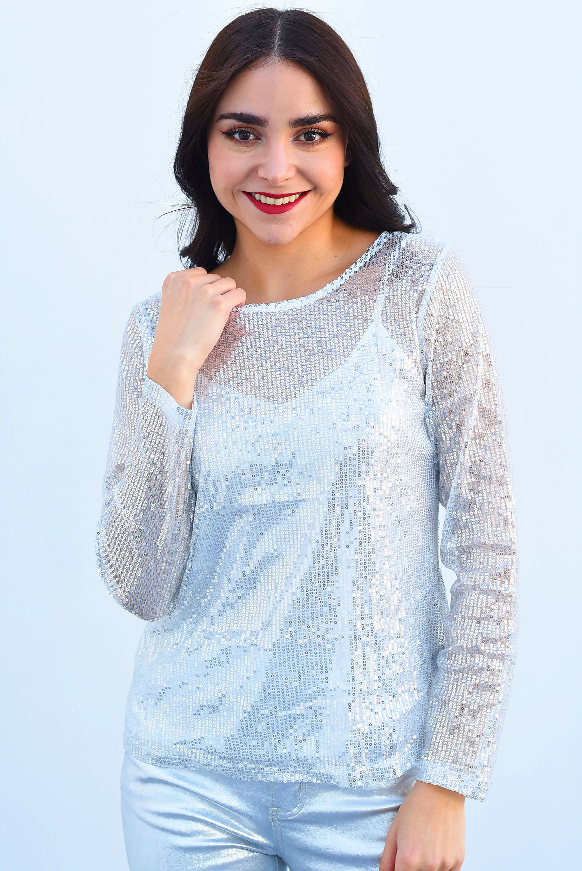 Blusa manga larga lentejuela Plata