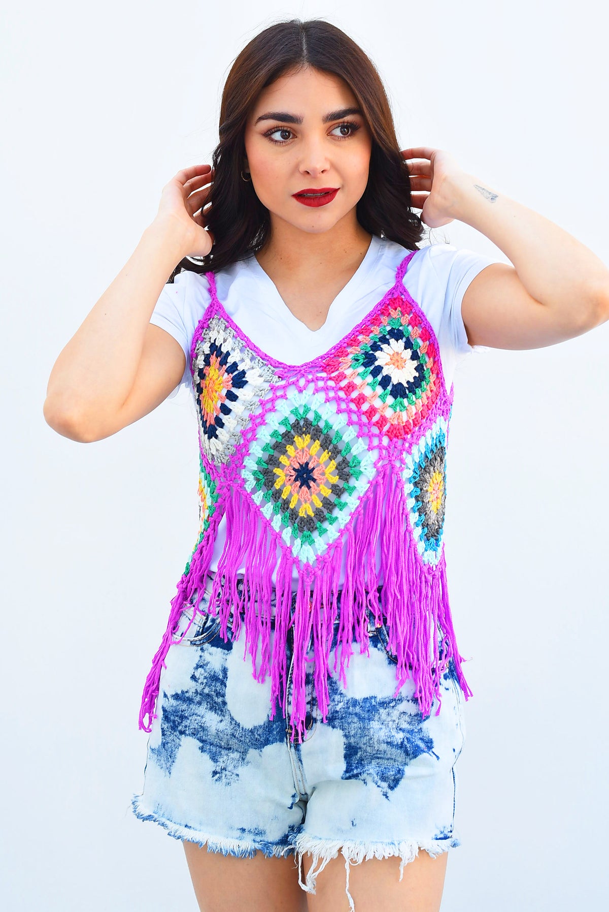 Blusa crochet flecos y flores Lila