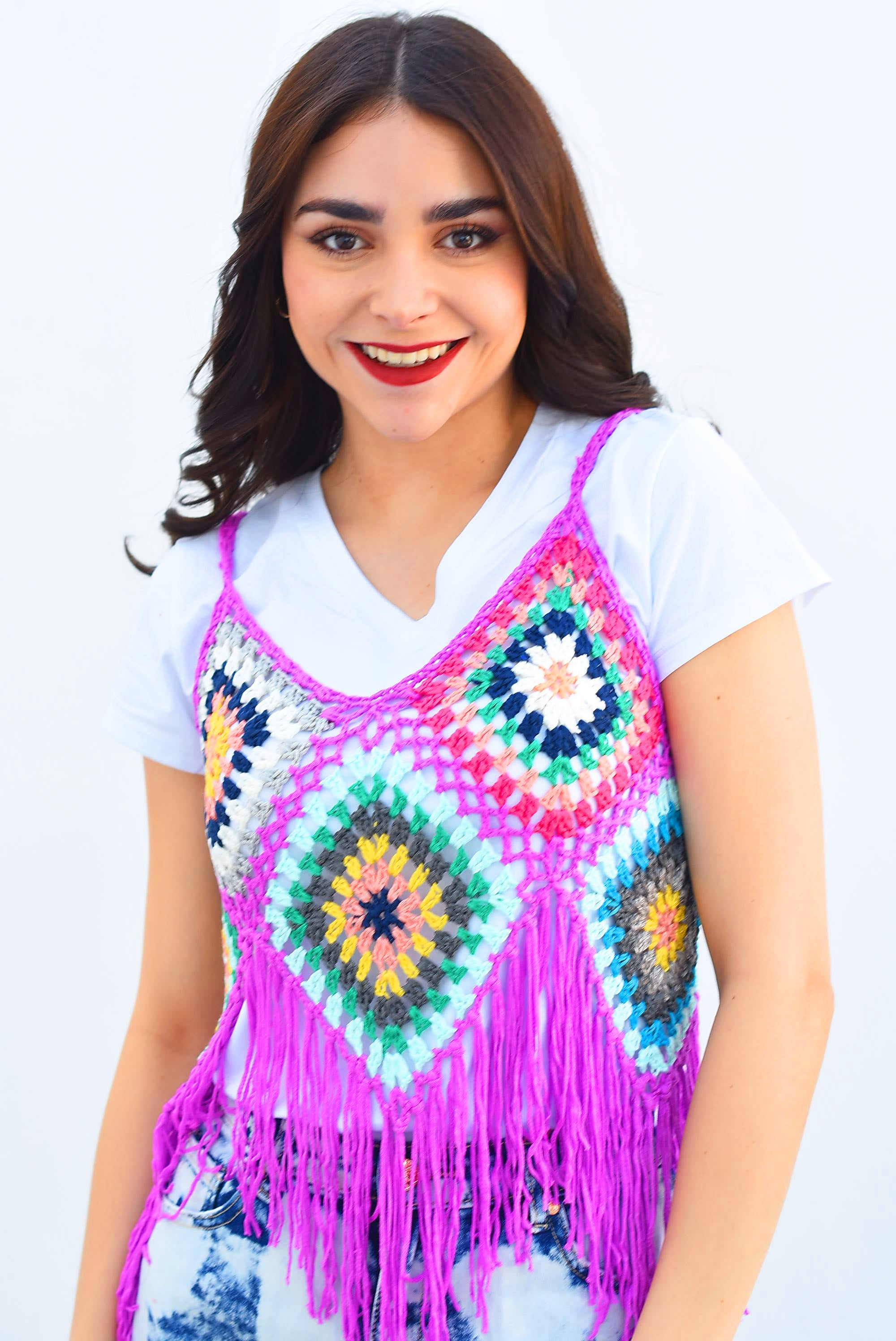 Blusa crochet flecos y flores Lila