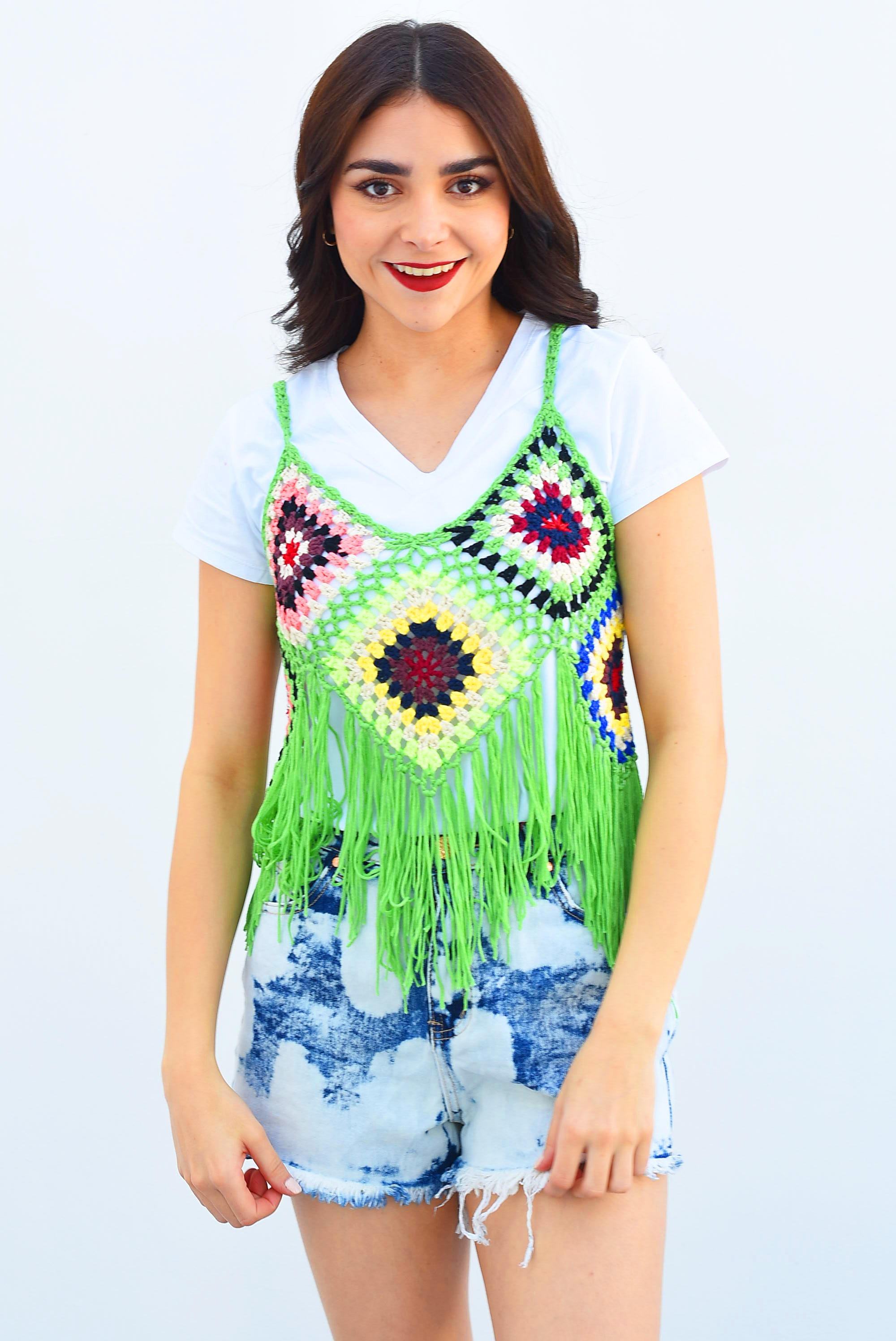 Blusa crochet flecos y flores Verde