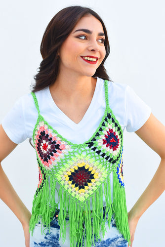 Blusa crochet flecos y flores Verde