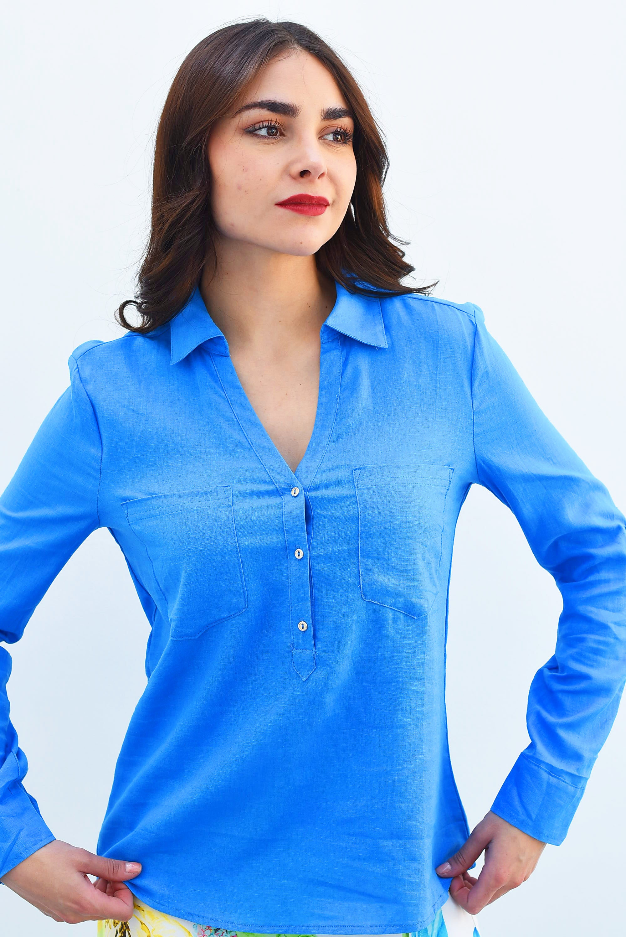 Camisa cargo lino botones dorados Azul Mykonos