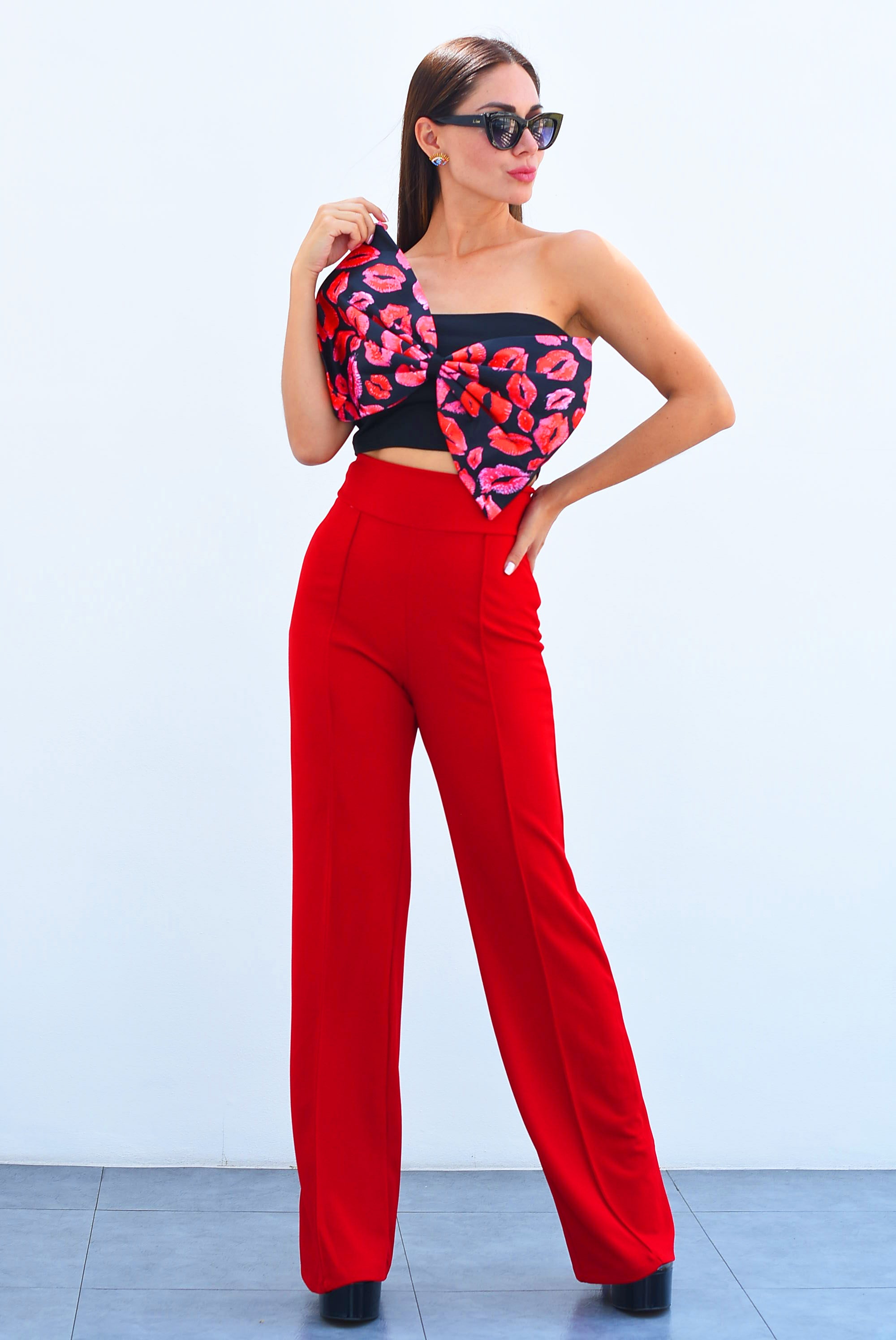 Pantalón pierna ancha y cintura alta Rojo