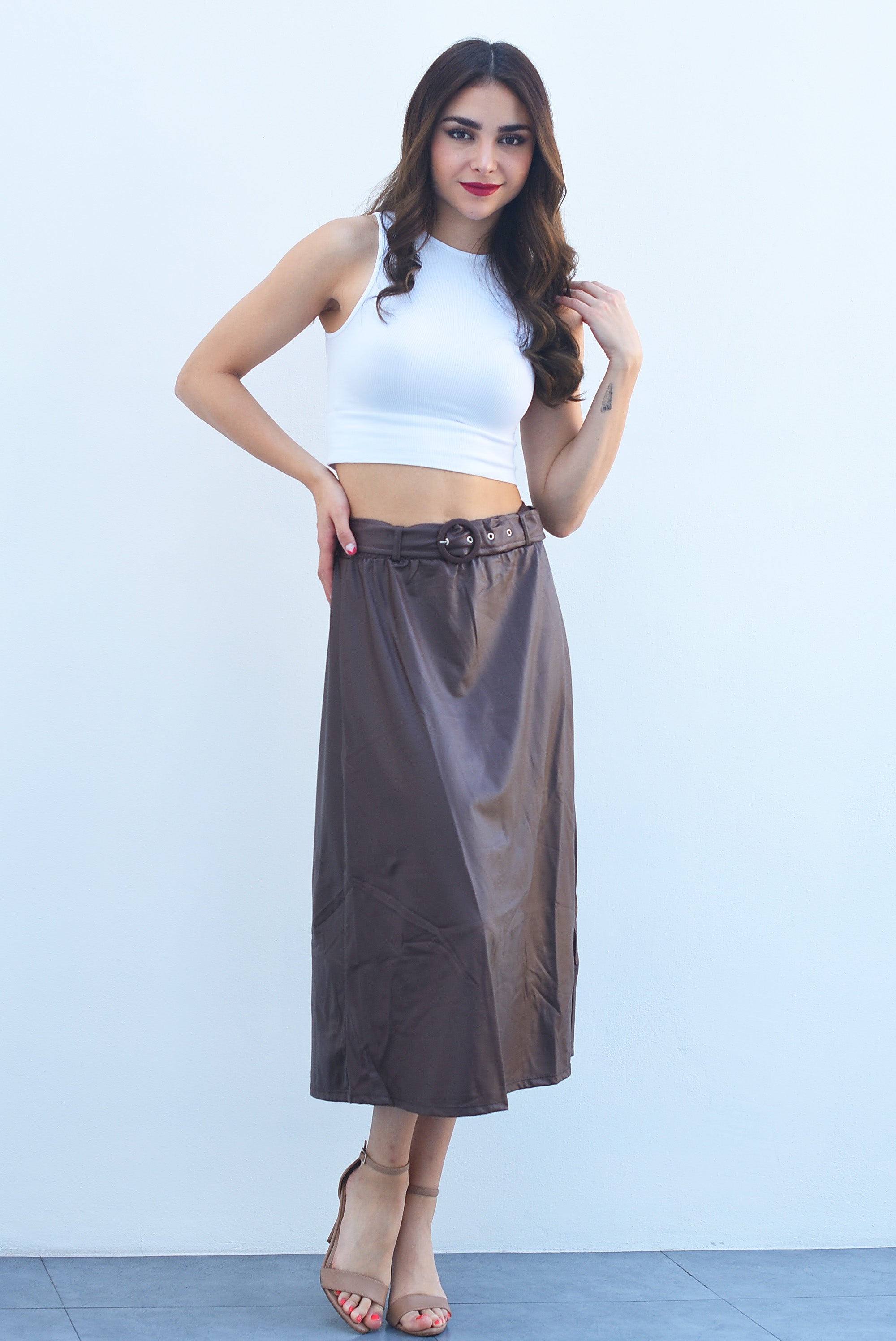 Falda vinipiel corte A cinturón Chocolate