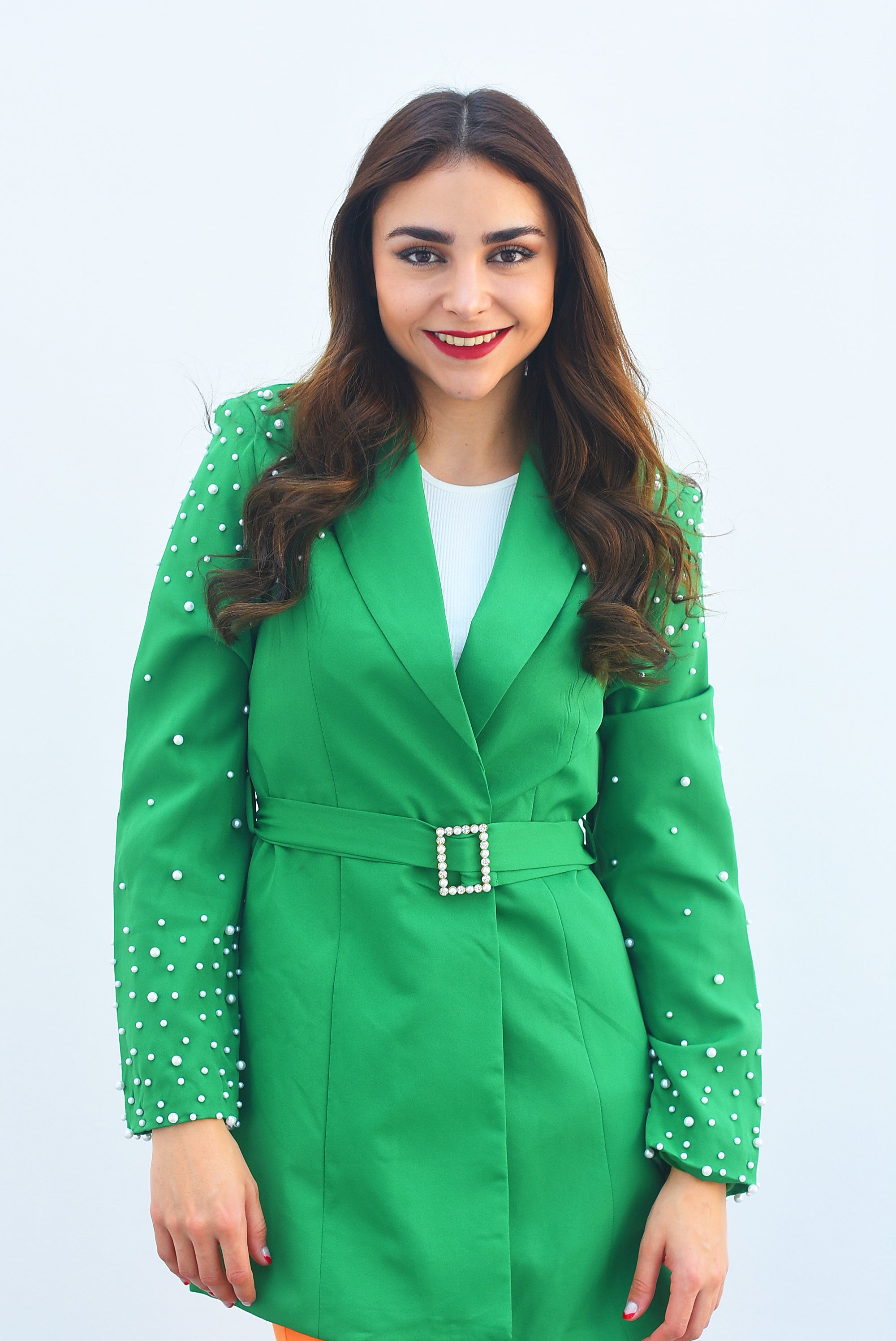 Blazer con perlas y cinturón Verde