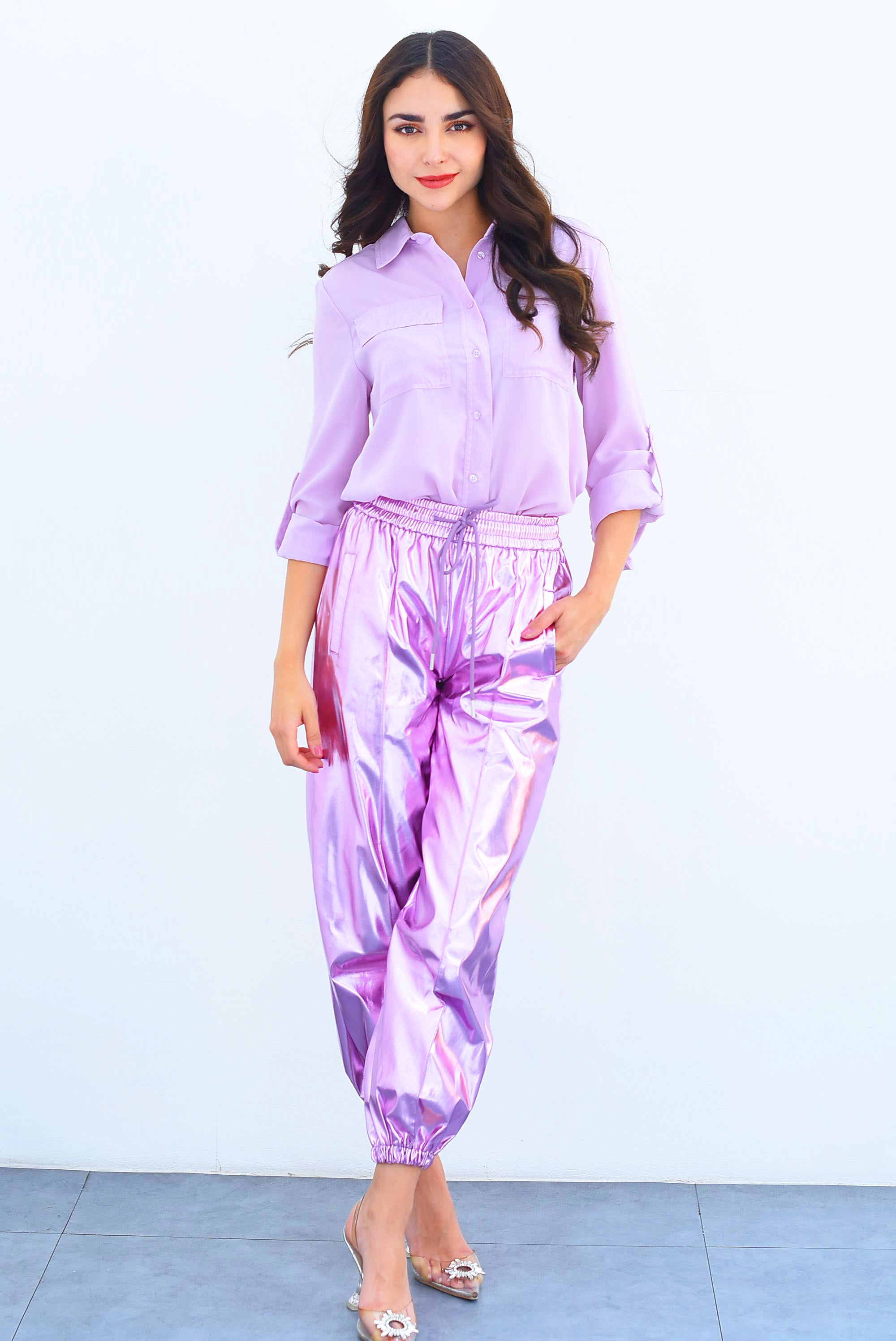 Jogger metálico con jareta Rosa