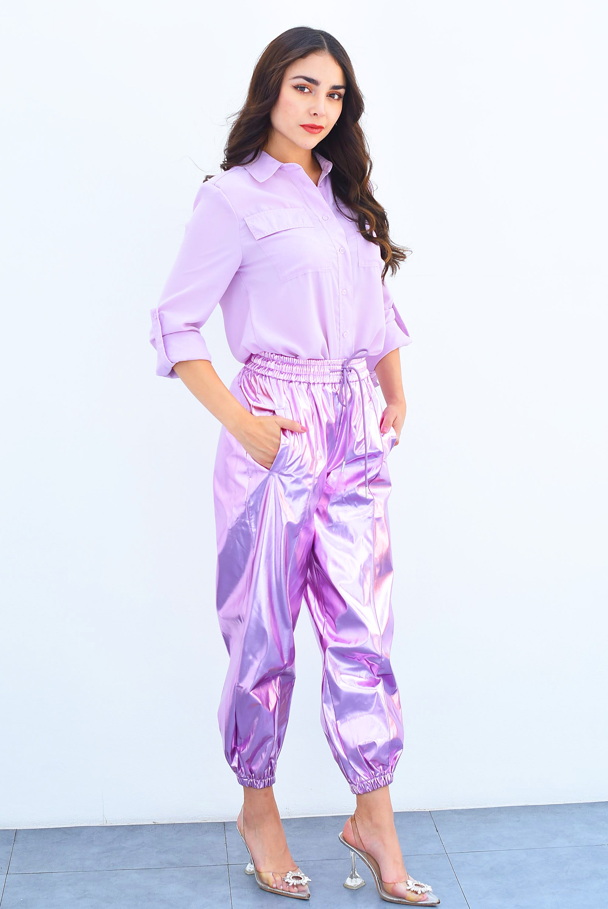 Jogger metálico con jareta Rosa