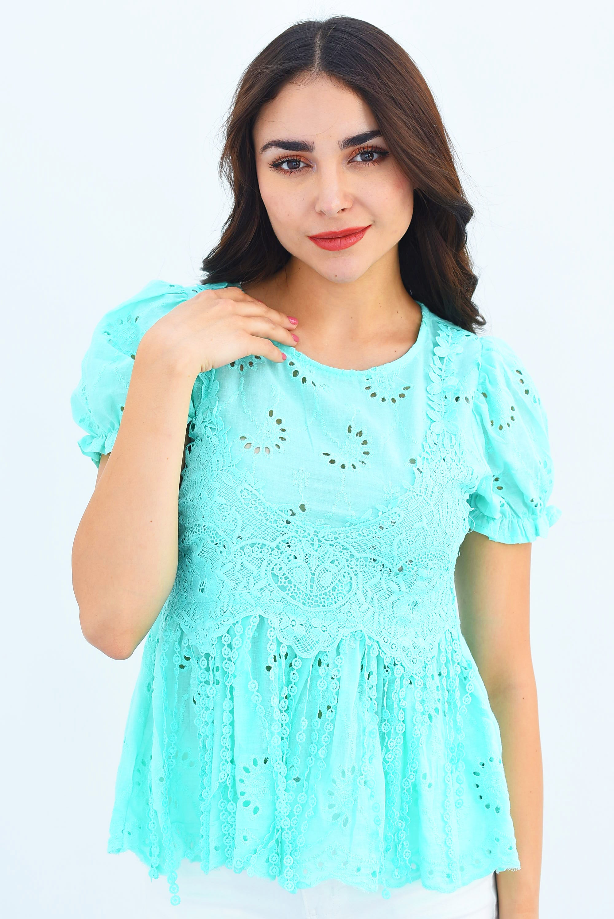 Blusa peplum calada Aqua